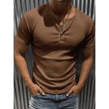 Oksit San Loe Erkek Slim Fit Likralı Henley Yaka Kısa Kollu Tişört - Düğmeli Esnek Kumaş - Kahve
