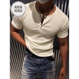 Oksit San Loe Erkek Slim Fit Likralı Henley Yaka Kısa Kollu Tişört - Düğmeli Esnek Kumaş - Krem - XL