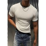 Oksit Santa Çizgili Scuba Yaka ve Kol Ribanalı Spor Şık Erkek T-Shirt - Beyaz - M