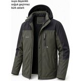 Oksit Tuc 1032 Içi Polar/kürk Astarlı Su Itici Termal Softshell Erkek Mont - Soğuk Geçirmez Spor Kaban - 2XL - Haki