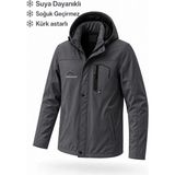 Oksit Tuc 2034 Içi Polar/kürk Astarlı Su Itici Termal Softshell Erkek Mont - Soğuk Geçirmez Spor Kaban Büyük Beden Erkek Mont - 2XL - Füme