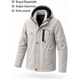 Oksit Tuc 2034 Içi Polar/kürk Astarlı Su Itici Termal Softshell Erkek Mont - Soğuk Geçirmez Spor Kaban Büyük Beden Erkek Mont - 2XL - Taş