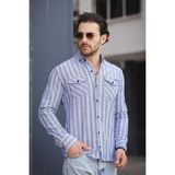 Oksit Yx 16794 Slim Fit Çift Cep Kapaklı Çizgili Erkek Gömlek - Lacivert