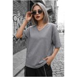 Oksit Zey Oversize V Yaka Basic Kadın Tişört - Düşük Omuzlu Salaş Kesim