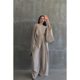 OKSOCOLLECTİON İthal Kumaş Yarasa Kol Bluz Pileli Palazzo Takım