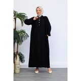 Oktayusta Collection Önü Yarım Pat Düğmeli Gömlek Yaka Robalı Mevlana Elbise - Siyah - 2