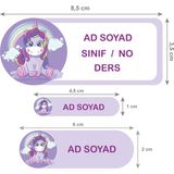 Okul Etiketi Defter, Kalem Sticker Unicorn 56 Adet - 1 Adet - Mor