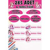 Okul Etiketi Kalem Defter Etiketi Pembe Unicornlar Özel Isimli Etiket 6 Figür - 285 Adet - Renkli - 1,5 x 4 ve 2 x 5,5 Cm