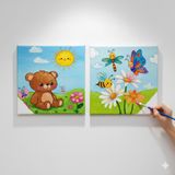 Okul Etkinliği-2'li Tuval Boyama Seti. 20x20 Cm Uv Baskı 6 Akrilik Boya 1 Fırça (SET87)