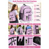 Okul Sırt Çantası Açık Pembe 3 Bölmeli Ortopedik Matara Cepli 42X27x16cm