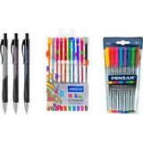 Okul ve Sınav Yazım Seti Faber Castell Versatil Kalem Autoclick Plus 0.7mm 3 Adet + Triball 8 Adet Renkli Tükenmez + My King 10 Adet Renkli Simli Jel Kalem - Çok Renkli - Standart
