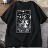 Okuyucu Tarot Kartı T-Shirt Iskelet Okuma T Shirt Yaz Pamuk Kitap Sevgilisi Bookish Tshirt Er 2862 - Siyah
