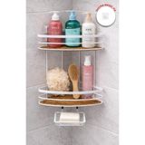 Okyanus Home İki Katlı Ahşap detaylı Üçgen Şampuanlık & Sabunluk 21 cm
