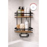Okyanus Home İki Katlı Üçgen Şampuanlık & Sabunluk Siyah- Ahşap 21 cm