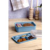 Okyanus Home Mavi Çizgili Beslenme Kutusu 5 Bölmeli Çatal Kaşıklı Şeffaf Kapaklı Lunch Box