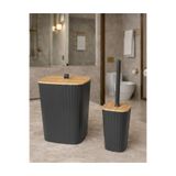Okyanus Home Safir Yapışkanlı Gerçek Bambu Wc Fırçalık ve Çöp Kovası Seti Antrasit 2'li Banyo Seti