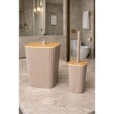 Okyanus Home Safir Yapışkanlı Gerçek Bambu Wc Fırçalık Ve Çöp Kovası Seti Vizon 2'li Banyo Seti