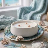 Okyanus Kokulu Dekoratif Beton Mum Yuvarlak Yatay Form Üç Fitilli Mum 250 Gr