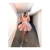 OLA Candy Kısa Hologram Saten Pudra Pembe Abiye Elbise