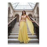 OLA Lisa Çiçek İşlemeli Korseli Fular Detaylı Şifon Butter Yellow Sarı Abiye Elbise