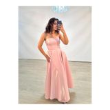 OLA Stella Hologram Saten Straplez Soft Pembe Renk Abiye Elbise