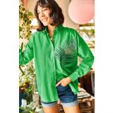Olalook 19001016 Kadın Çimen Yeşili Palmiye Pul Detaylı Oversize Dokuma Poplin Gömlek