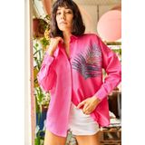 Olalook 19001016 Kadın Fuşya Palmiye Pul Detaylı Oversize Dokuma Poplin Gömlek
