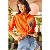 Olalook 19001016 Kadın Turuncu Palmiye Pul Detaylı Oversize Dokuma Poplin Gömlek