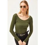 Olalook BLZ-19000722 Haki Geniş Yakalı Kaşkorse Kadın Bluz