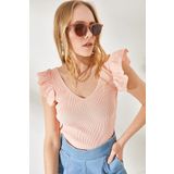 Olalook BLZ-19001097 Kadın Pudra Ön Arka V Omuzu Fırfırlı Triko Bluz