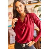 Olalook BLZ-19001760 Bordo Omuzu Pileli Degaje Yaka Salaş Örme Bluz