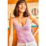Olalook BLZ-19001789 Kadın Lila Bel Detaylı Askılı Triko Bluz