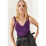 Olalook BLZ-19001789 Kadın Mor Bel Detaylı Askılı Triko Bluz