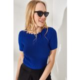 Olalook BLZ-19002226 Kadın Saks Mavi Yaka Ajurlu Triko Bluz