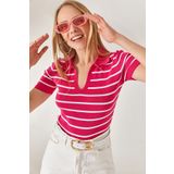 Olalook BLZ-19002236 Kadın Fuşya Polo Yaka Çizgili Crop Triko Bluz