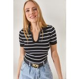 Olalook BLZ-19002236 Kadın Siyah Polo Yaka Çizgili Crop Triko Bluz