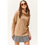 Olalook BLZ-19002480 Camel Degaje Yaka Şardonlu Salaş Kadın Bluz