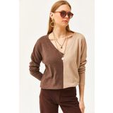 Olalook BLZ-19002519 Kahve Camel Bloklu Şardonlu Salaş Kadın Bluz