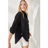 Olalook GML-19001004 Kadın Siyah Yanları Düğme Detaylı Oversize Dokuma Gömlek