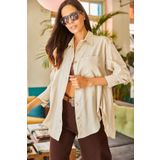 Olalook GML-19001004 Yanları Düğme Detaylı Oversize Dokuma Taş Rengi Kadın Gömlek