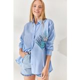 Olalook GML-19001016 Bebe Mavi Palmiye Pul Detaylı Oversize Dokuma Poplin Gömlek