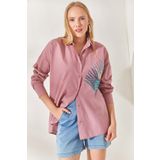 Olalook GML-19001016 Gül Kurusu Palmiye Pul Detaylı Oversize Dokuma Poplin Gömlek