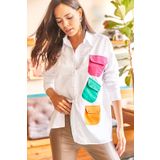 Olalook GML-19001051 Beyaz - Fuşya Renkli Cep Detaylı Oversize Dokuma Gömlek