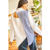 Olalook GML-19001052 Mavi - Beyaz Sırtı Cut Out Detaylı Sambre Oversize Gömlek
