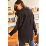 Olalook GML-19001069 Kadın Siyah Sırtı Düğmeli Arkası Uzun Dokulu Oversize Gömlek