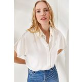 Olalook GML-19001109 Kadın Beyaz Yarasa Oversize Keten Gömlek