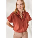 Olalook GML-19001109 Kadın Kiremit Yarasa Oversize Keten Gömlek