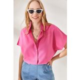 Olalook GML-19001109 Kadın Pembe Yarasa Oversize Keten Gömlek