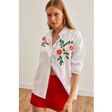 Olalook Kadın Açelya Beyaz Nakış Detaylı Oversize Dokuma Gömlek GML-19001228