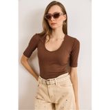 Olalook Kadın Acı Kahve Derin V Yaka Duble Kol Esnek Pamuk Bluz BLZ-19002951